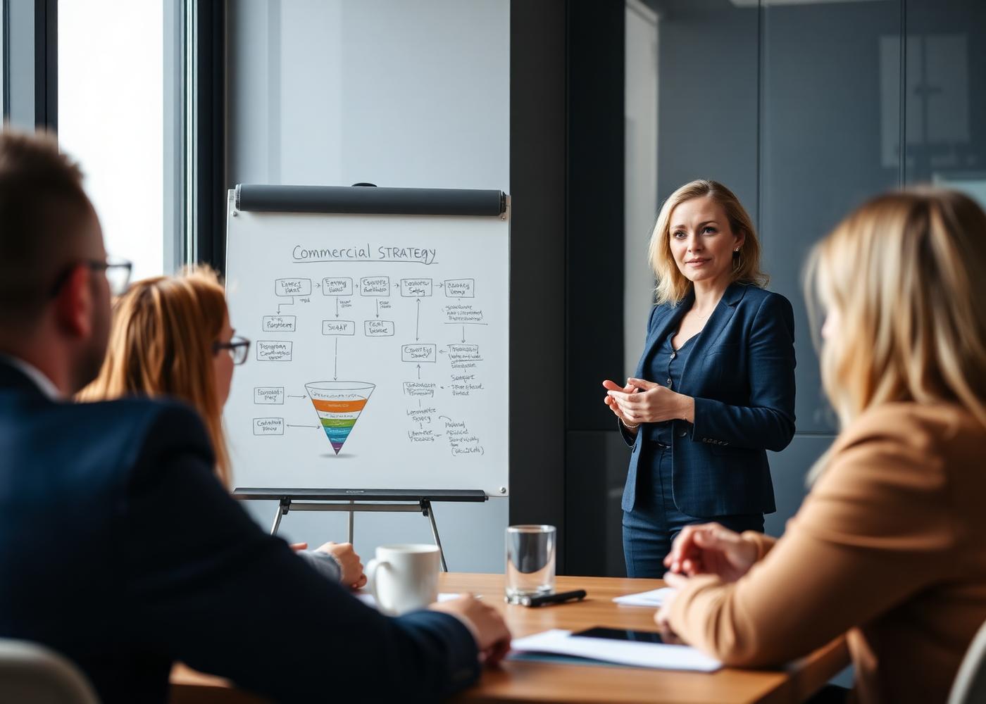 Consultora apresentando a estratégia comercial para a equipe